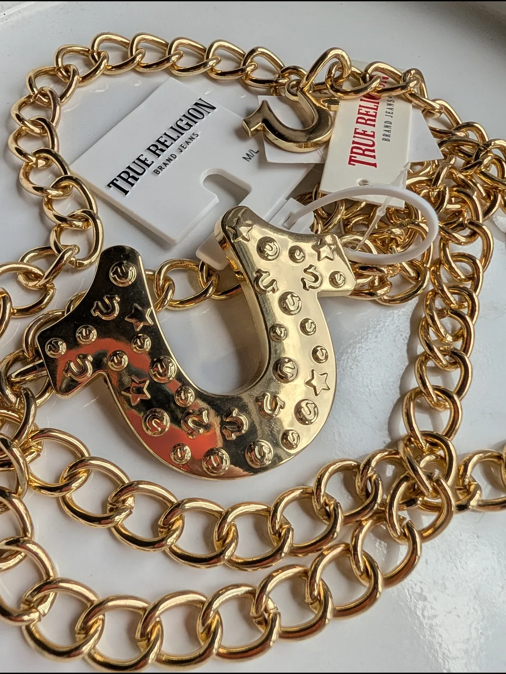 True Religion Gold-Tone Embossed Horseshoe Pendant Chain Belt